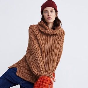 Brown zara chunky knit turtleneck sweater